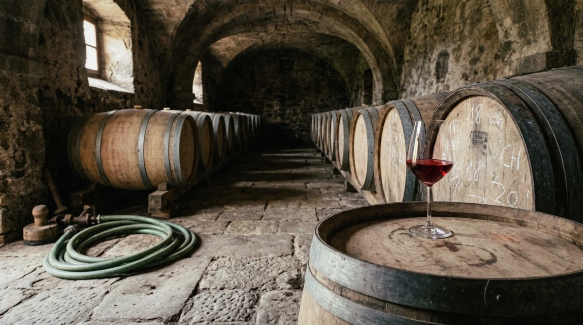 Oak barrels in a Chianti Classico cellar during a winery visit on a wine tour from Florence