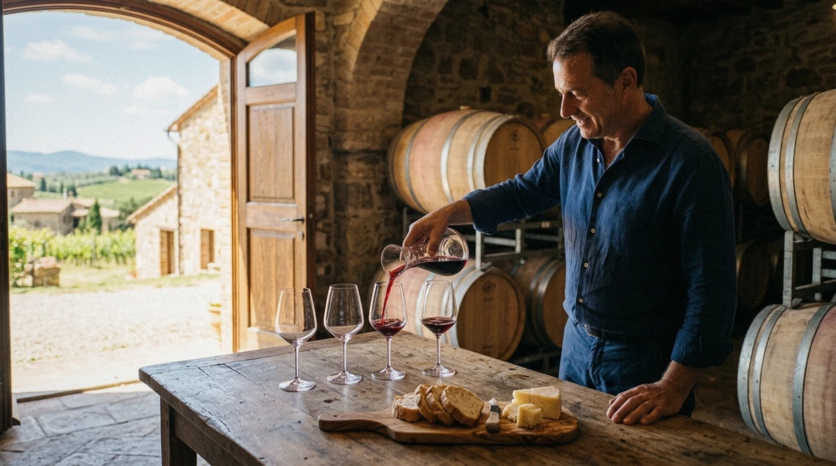 A host pouring Chianti Classico into a tasting glass at a Tuscan estate table, showing how a wine tasting works